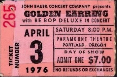 Golden Earring show ticket#265 April 03, 1976 Portland - Paramount